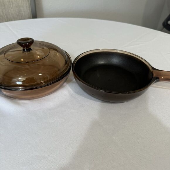 Vintage Vision Ware Amber Frying Pans 1 Waffle Bottom ,1 non stick 1 lid fits ea